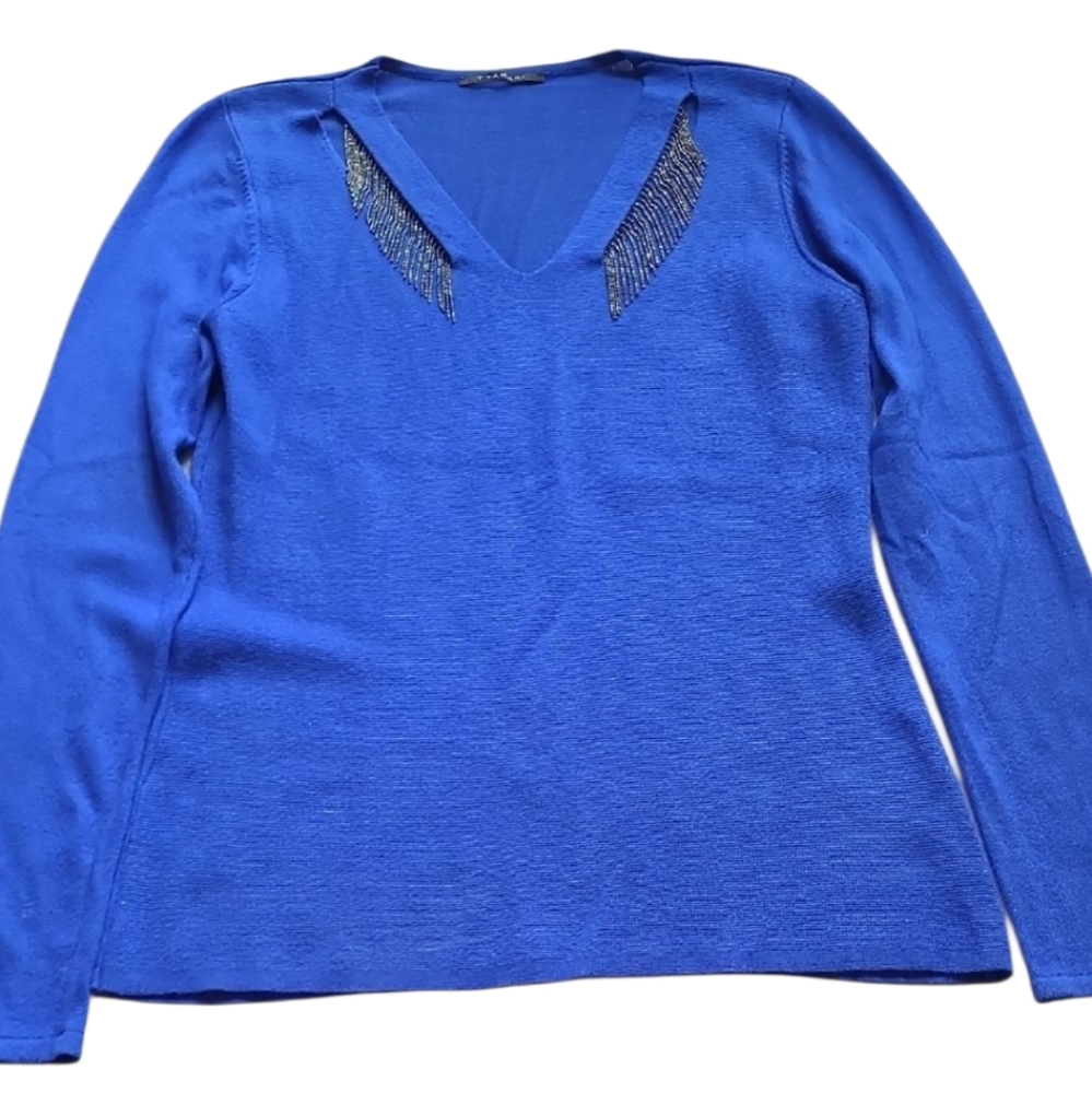 Tahari Royal Blue V-Neck Sweater with Embellishments